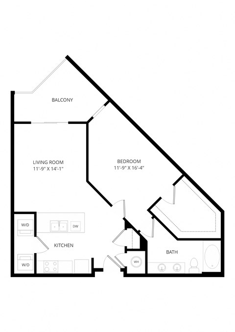 A floor plan of a small apartment with a living room, bedroom, kitchen, and bathroom.